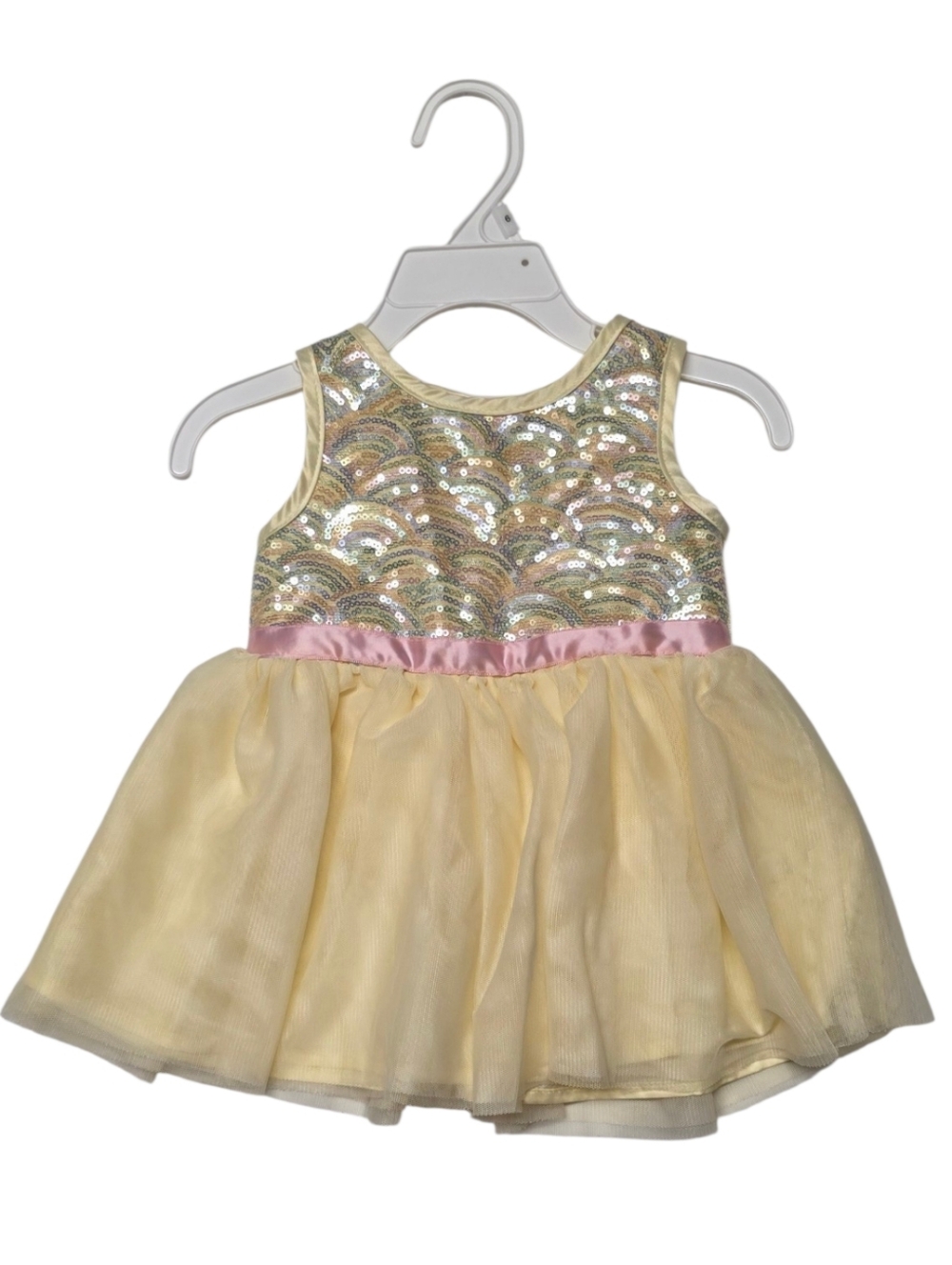 Girls Yellow Sequin Tulle Dress with Pink Waistband - Kids Costume